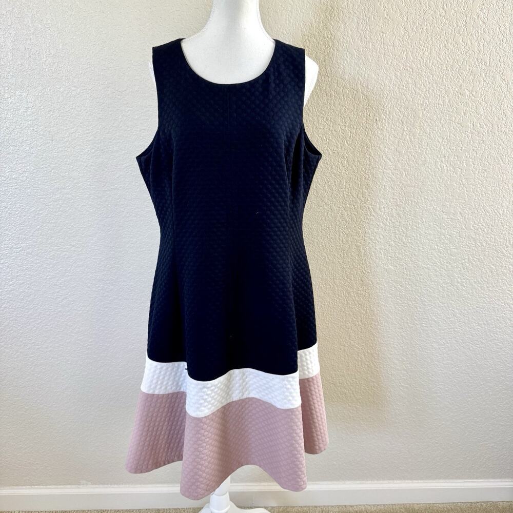 Eliza J Dress Size 18 Navy Pink White Colorblock Textured Fit Flare Sleeveless
